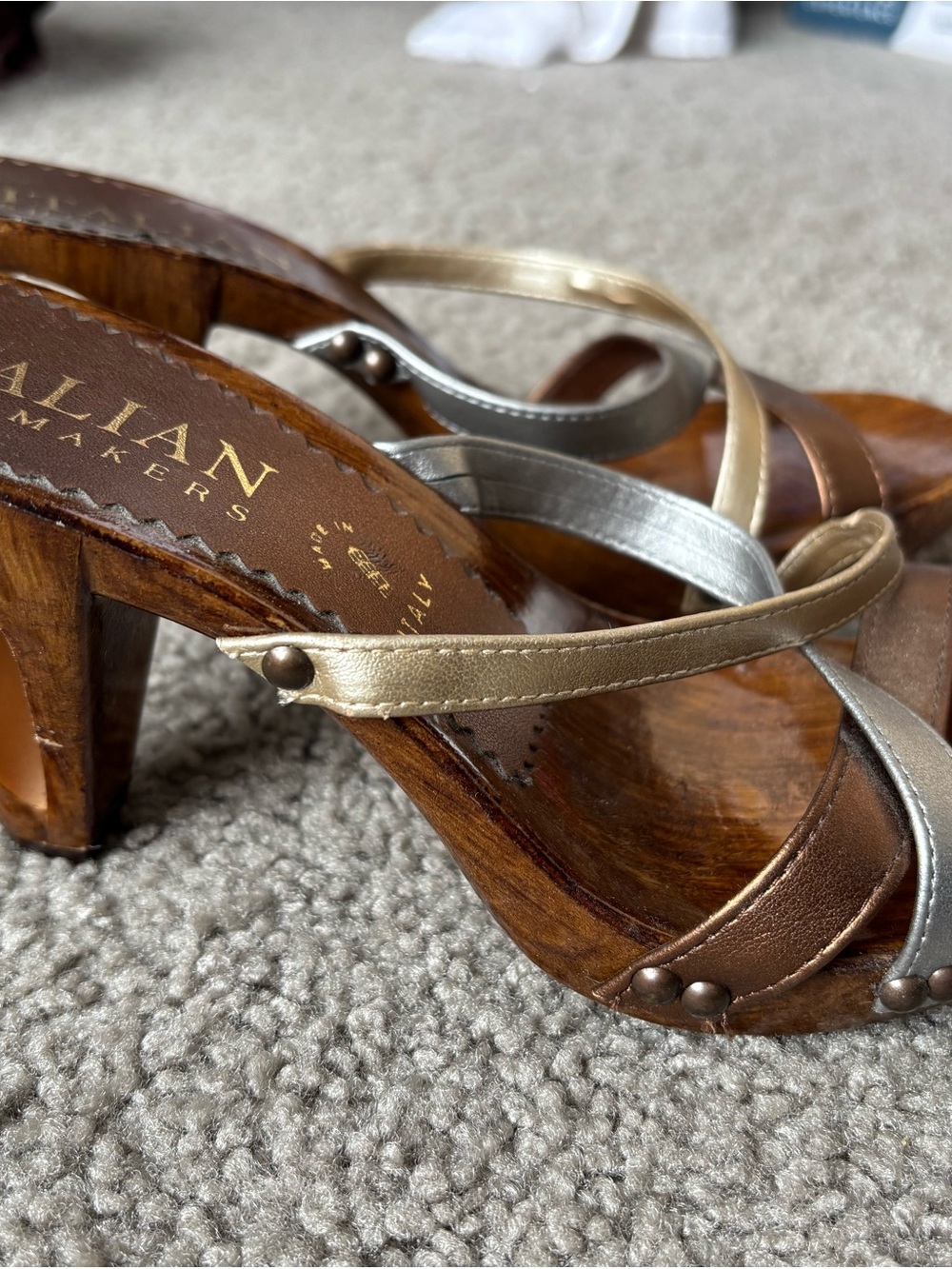 Italian Shoemakers Metallic Strappy Wood-Effect Heels in Gold & Silver